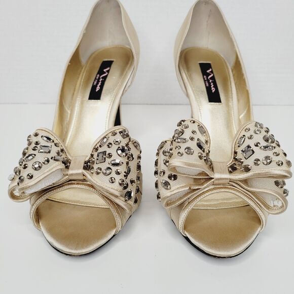 Nina New York Gold Rhinestone Satin Bow Open Toe Stiletto Formal Wedding 10M - Picture 1 of 12